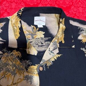 Tommy Bahama 100% Silk Tropical Print Black Shirt -Size XL